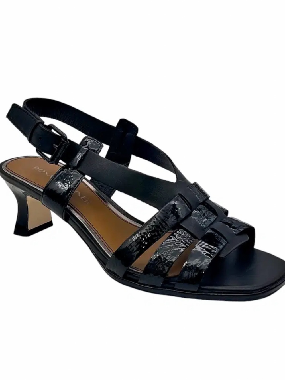 Donald Pliner ARCADIA Crinkle Patent Heeled Sandal black leather  size 7.5